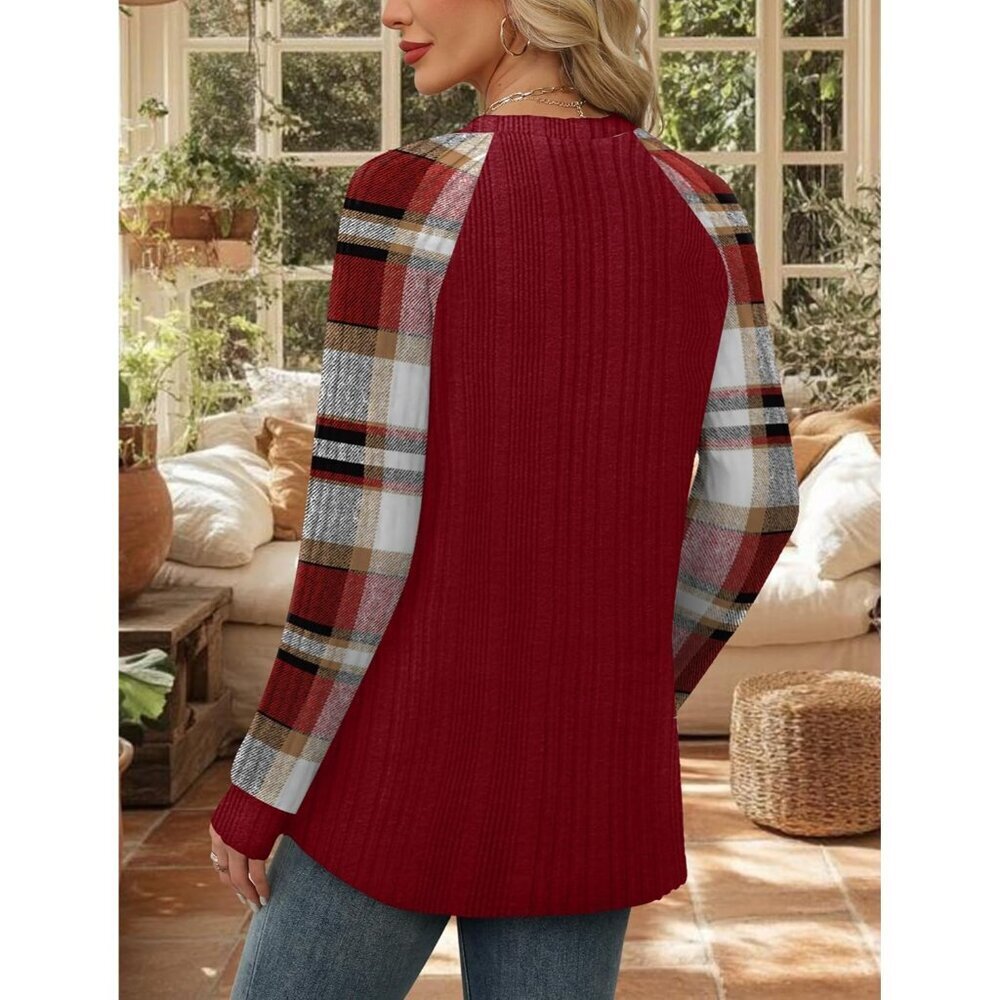 Women's Red Plaid Stripes Color Block Long Sleeve Shirt Lightweight Sweater - Picture 5 of 5